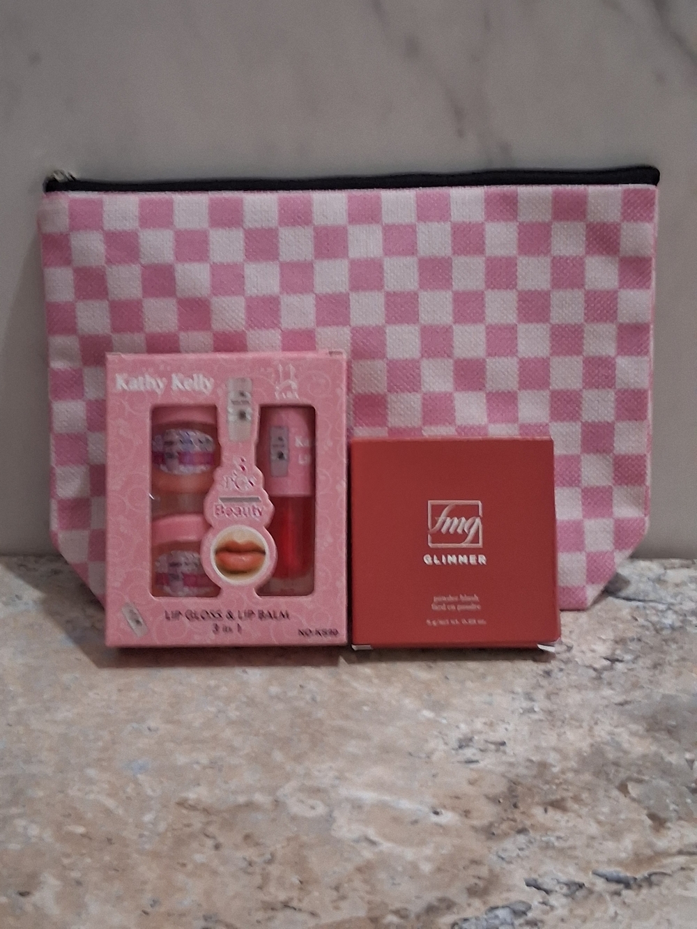 Kathy Kelly Yara Lip Gloss And Lip Balm, Avon Blush W/Pink Checkered Pouch